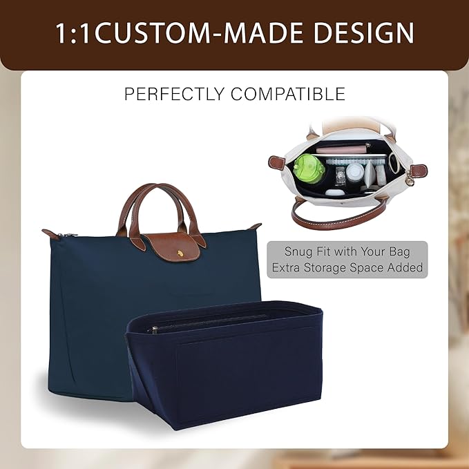 Premium Felt Purse Organizer Insert for Longchamp Le Pliage, Zipper Long Champ Bag Organizer Insert with Cup Holder, 9 Compartments