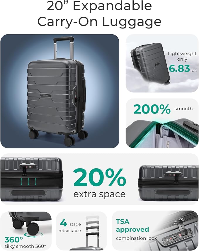 BAGSMART Carry On Luggage 22x14x9 Airline Approved with Spinner Wheels,Lightweight 20 Inch Luggage with TSA Lock,Expandable Hard Shell Carry On Suitcases for Men Women,Gray