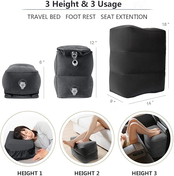 Inflatable Travel Foot Rest Pillow, Adjustable Height Leg Rest Pillow for Cars, Home, Office, Trains, Airplane, Make a Flat Bed for Baby, Kids, Toddlers, Grey, 1 Pack