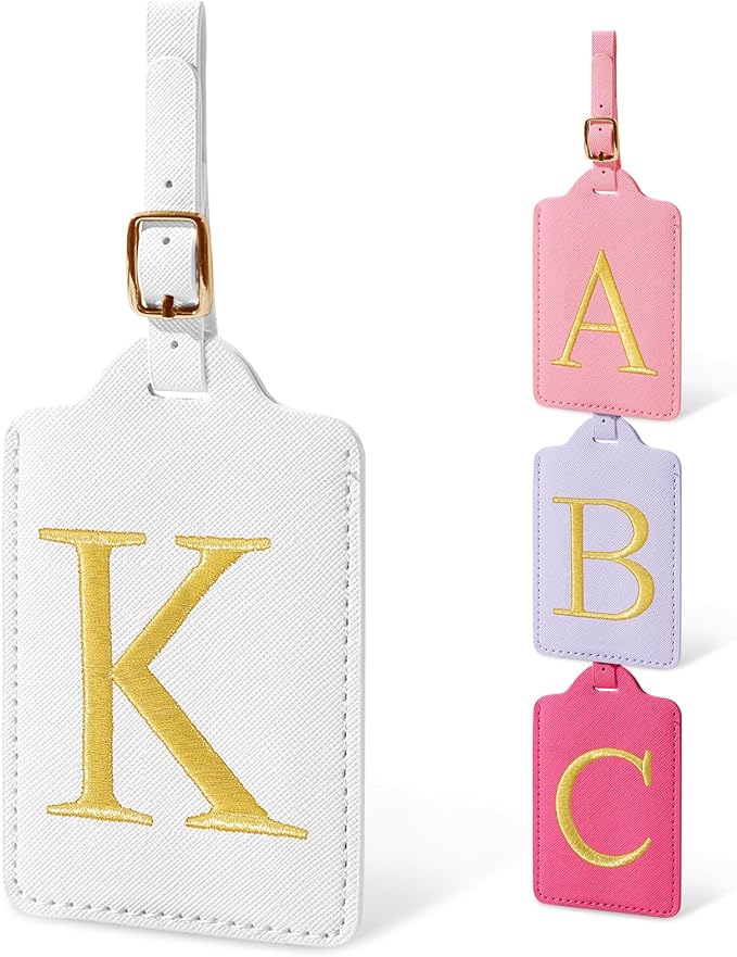 Personalized Initial Luggage Tags for Suitcases, Cute PU Leather Embroidered Letter Travel Luggage Tags, Suitcase Identifier Name Baggage Tag, Bag Tags for Men Women Kids Luggage Handbags(White K)