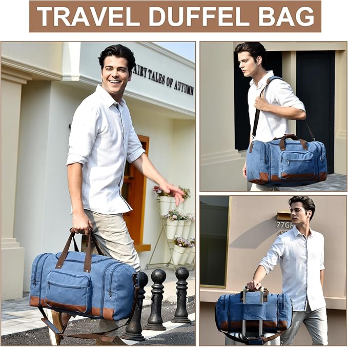 Litvyak Duffle Bag for Travel, 50L Canvas Travel Duffel Bags Overnight Weekend Gym Carry On Luggage Bag for Men & Women(Blue)