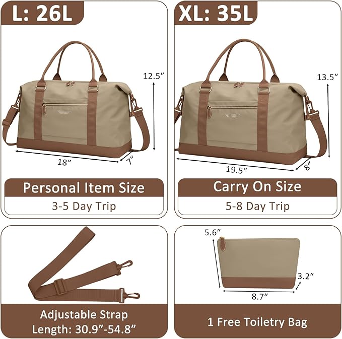 Travel Duffle Bag for Women, Weekender Bags, Hospital Bag for Labor Delivery, Lightweight Tote Duffel Overnight Bag with Luggage Sleeve, Airplane Travel Bags with Toiletry Bag, Large, Khaki