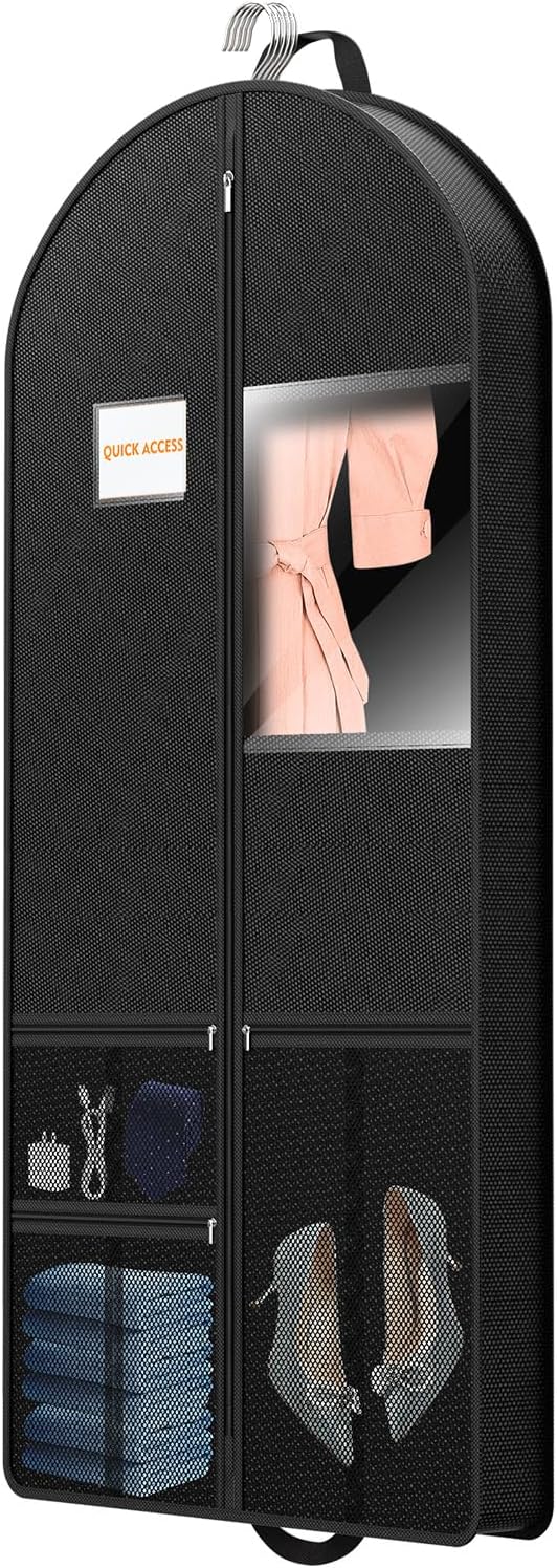 Suit Garment Clothes Travel Bag: 63 inch Lightweight Foldable Black Short Fabric Breathable - Hanging Storage Cover Pockets Zipper for Women - Wardrobe Carry Coat Jacket Uniform Tuxedo Shirt