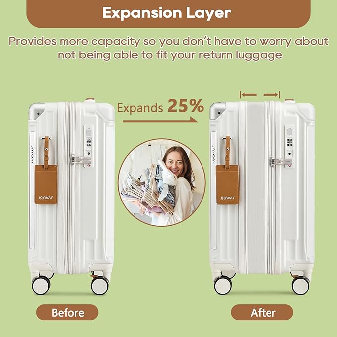 Joyway 20in Carry On Luggage with Cup Holder and USB Port, 25% Expandable Capacity, Smart Suitcase with Anti Slip Wheels and Handbag, Perfect for Men and Women 3 Piece Set White