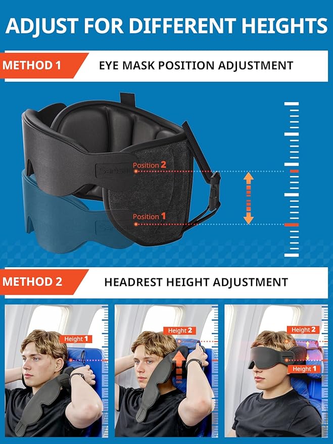 Travel Pillows for Airplanes, Airplane Pillow for Long Flight Car Road Trip, Airplane Head Strap with Sleep Eye Mask, 360° Support Headrest, Stop Bobblehead Travel Neck Pillow, Stripe Black