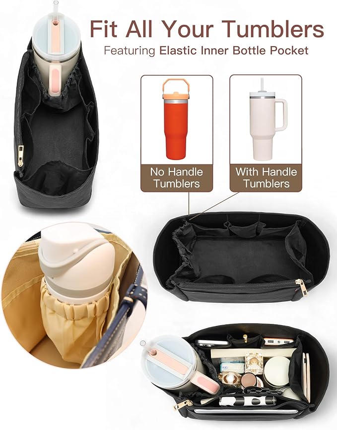 TOVICE Tote Bag Organizer Insert with Stanley Cup Holder and Zipper Bag, Compatible with Neverfull, Saint Louis and More, 9 Pockets (Black, Large)