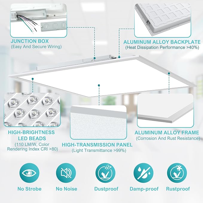 30Pack 2x2 LED Flat Panel Light,3000K-6500K & 5 Wattage Selectable | 50W 5500LM, 0-10V Dimmable, AC 120-277, Recessed 2x2 led drop ceiling light fixture for Office, Kitchen, Garage, School