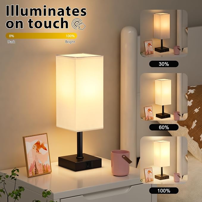 Touch Table Lamp for Bedroom - Dimmable, USB C+A, White Lamphade Black Base | 3-Way Dimmable, 3000K LED Bulb Included, Square Lampshade, Cute Room Decor for Teen Girls, Kids, Small Lamp for Dorm, Nursery