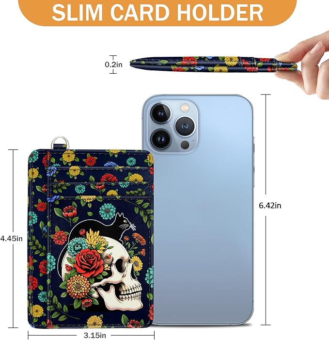 Yonlevres Cat Skull Credit Card Holder Slim Wallet, Floral Goth RFID Wallet Women Front Pocket Small Card Holder, Funny Skeleton Travel Card Case ID Window PU Leather RFID Blocking Card Organizer Gift