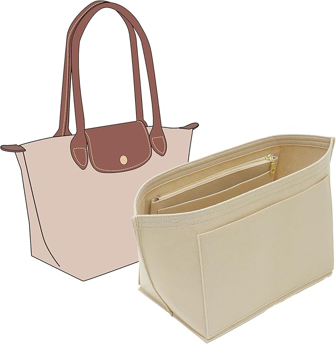 Fit Longchamp Organizer Insert, for Long Champ Le Pliage L Bag Handbag Women, with Cup Holder, Large/Beige