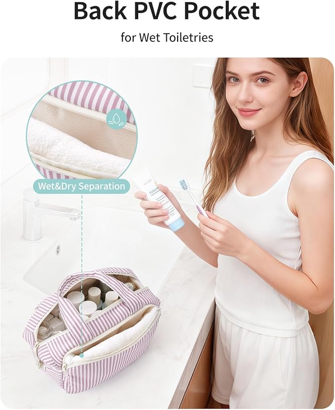 Narwey Travel Toiletry Bag for Women, Wide Open Large Makeup Bag, Cosmetic Bag Make Up Organizer with Handle, Wet Pocket for Towel, Travel Bag for Toiletries, Brushes, Essentials (Dusty Pink Stripe)
