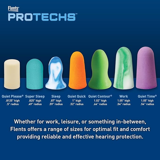 Flents Protechs Foam Ear Plugs, 10 Pair with Case for Sleeping, Snoring, Loud Noise, Traveling, Concerts, Construction, Studying, Work, Shooting, NRR 33, Purple, Disposable, Made in the USA