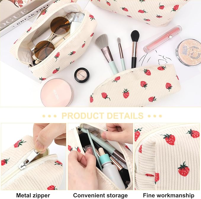 EIMMBD Makeup Bag 3 Pieces Large Capacity Cosmetic Bags Travel Toiletry Bag Organizer Cute Makeup Bag Storage for Women(Beige Strawberry)