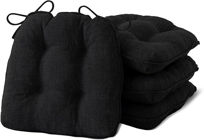Chair Cushions for Dining Chairs Set of 4, Kitchen Chair Cushions, Chair Pads with Ties and Non Slip Backing, Tufted Memory Foam Seat Cushion 4 Pack, 15.5" x 15.5" x 4", Black