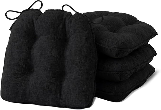 Chair Cushions for Dining Chairs Set of 4, Kitchen Chair Cushions, Chair Pads with Ties and Non Slip Backing, Tufted Memory Foam Seat Cushion 4 Pack, 15.5" x 15.5" x 4", Black
