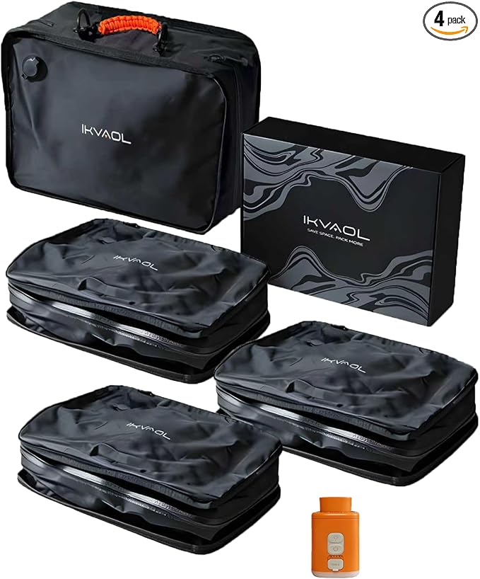 Vacuum Bags for Travel with Pump,Reusable Compression Packing Cubes to Save Space for Luggage and Backpack with IP68 Waterproof,Vacuum Seal Bags for Clothing travel (Black, 4Pack)