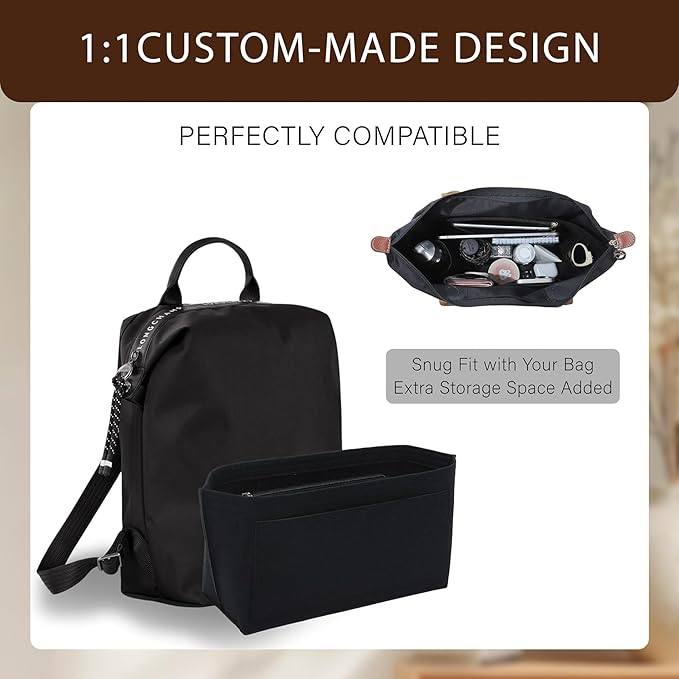 Premium Felt Purse Organizer Insert for Longchamp Le Pliage, Zipper Long Champ Bag Organizer Insert with Cup Holder, 9 Compartments