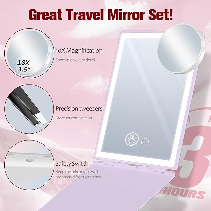 Travel Makeup Mirror with Lights Valentines Day Gifts for Her, Girlfriend, Wife, Birthday Gifts Rechargeable Portable Folding Compact LED Mirror Set with Tweezer 3 Color Light Modes-Purple