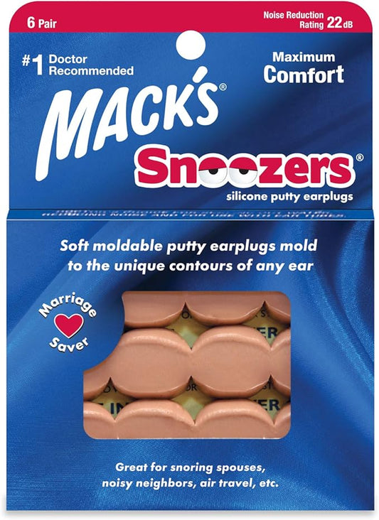 Mack's Snoozers Silicone Putty Earplugs - 6 Pair – Comfortable, Moldable Silicone Ear Plugs for Sleeping, Snoring, Loud Noise & Traveling | Made in USA