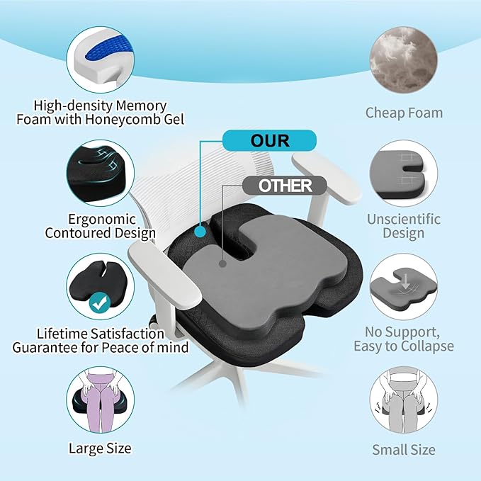 Car Seat Cushion for Long Sitting - X Large Premium Gel & Memory Foam Office Chair Cushion for Back,Sciatica,Coccyx,Tailbone Pain Relief, Driver Pillow for Auto, Gaming,Desk, Wheelchair,Truck (Black)