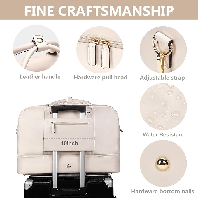 Weekender Bag for Women Men, Large Overnight Bag Faux Leather Travel Duffel Bag with Shoe Compartment Toiletry Packing Cube Carry On Bag Fit 21" Laptop 3Pcs Set (4PCS White)