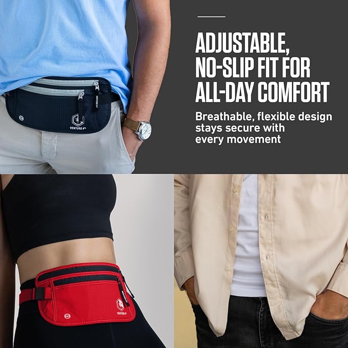 VENTURE 4TH Money Belt for Travel – Hidden Under-Clothes RFID Blocking Passport Holder & Slim Travel Wallet Pouch for Men & Women to Protect Cash, Cards & Documents (Red)