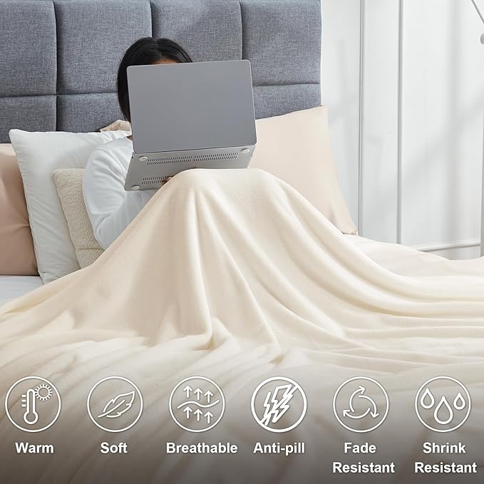 Hansleep Fleece Blanket Twin Size Beige, Soft Cozy Twin Blanket, Fuzzy Flannel Blanket for Bed, Sofa, Couch, Travel, Camping, Beige, 60x80 Inches