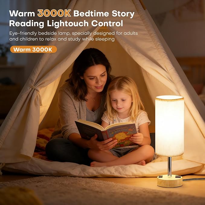 MOICO Table Lamp for Bedroom, Touch Nightstand Lamp with 10W USB Charging | 3-Way Dimmable Touch, USB-A & AC Outlet, Flicker-Free LED Bulb, 14in Fabric Shade, for Bedroom Living Room Dorm Office