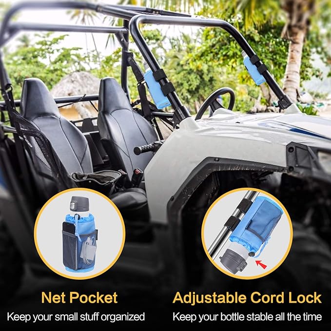 GEARV 2Pack Cup Holder for Bike, Scooter and Wheelchair, Water Bottle Holder for UTV/ATV, Walker, Golf Cart and Beach, Universal Drink Holder Accessories with Net Pocket and Cord Lock (Ocean Blue)