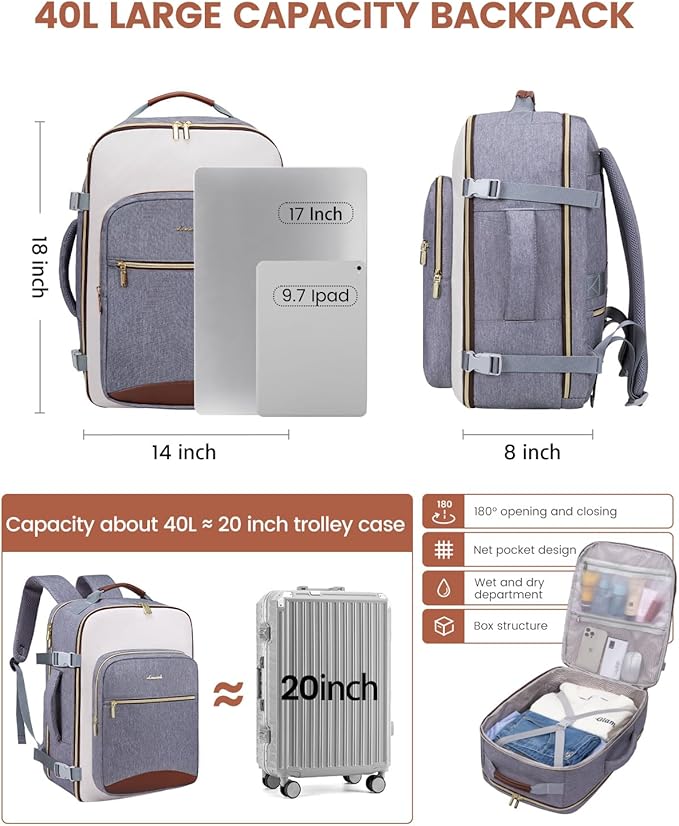 LOVEVOOK 40L Travel Backpack for Women & Men, Airline Approved Carry On Luggage with 3 Packing Cubes, TSA Overnight Bags, Waterproof Personal Item Bag, Weekender Essentials Backpacks fits 17" Laptop