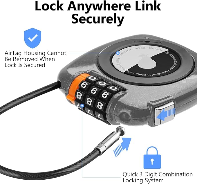 Compatible with Apple AirTag Secure Lock with Wire Cable, 3-Digit Combination Luggage Locks, Alloy Body Ultra Durable Anti-Lost Protective Case for Luggage, Suitcase (Grey*2)
