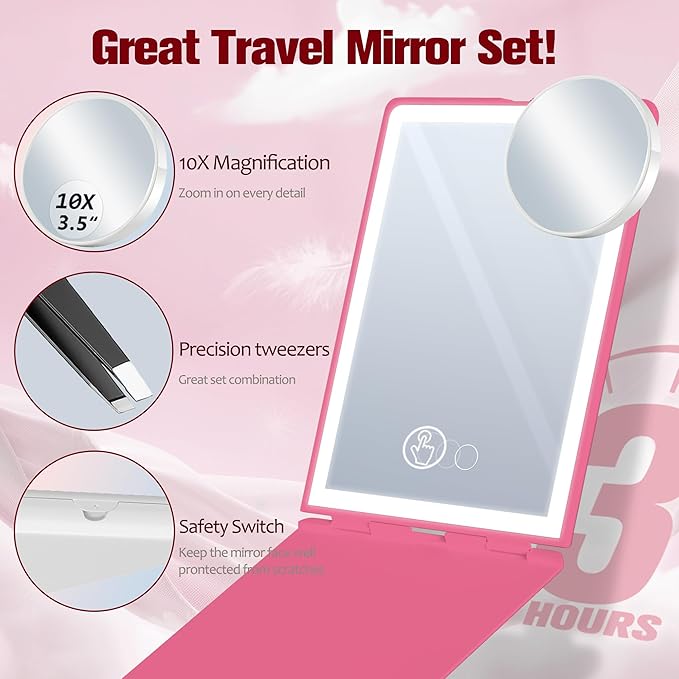 Travel Makeup Mirror with Lights Valentines Day Gifts for Her, Girlfriend, Wife, Birthday Gifts Rechargeable Portable Folding Compact LED Mirror Set with Tweezer 3 Color Light Modes-Rosy