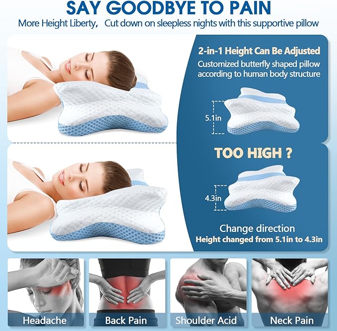 Memory Foam Pillows, Cervical Pillow for Neck and Shoulder Pain Relief, Ergonomic Contour Bed Pillow, Soft for Side Sleep Stomach Sleeping and Back Sleeper-Queen Size & Light Blue