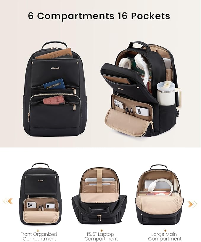 LOVEVOOK Laptop Backpack for Women with Large Capacity Cup Pocket, 15.6 inch Work Purse Travel Bag for Teacher Nurse, Waterproof Computer Business Back Pack, Cute Bookbag for School College, Black