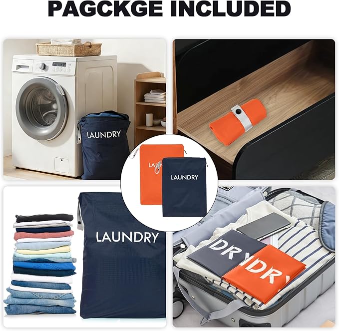 CARGEN 2 Pack Travel Laundry Bag for Dirty Clothes - Foldable and Washable Waterproof Nylon Bag with Zipper, Portable Large Laundry Organizer for Travel Gym Beach Camping and Dorm, Large 20“ x 14”