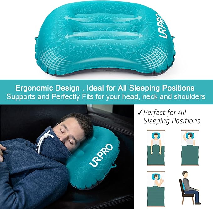 Ultralight Inflatable Camping Travel Pillow - Compressible, Compact, Comfortable, Ergonomic Inflating Pillows for Neck & Lumbar Support Camp, Hiking, Backpacking Green