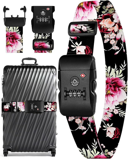 Slohif Luggage Straps TSA Lock for Suitcases - Travel Belt TSA Approved Accessories Luggage Identifiers Carry On Bag with Buckle Nylon Adjustable Band for Add a Bag Blossom