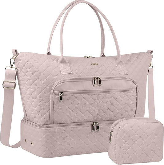 HOTOR Travel Duffle Bag for Women - Carry on Bag with Toiletry Pouch & Shoe Compartment, Large Overnight Weekender Bags for Gym, Business Trips, Sports and Hospital, Pink, 17.3" x 7.9" x 13.4"