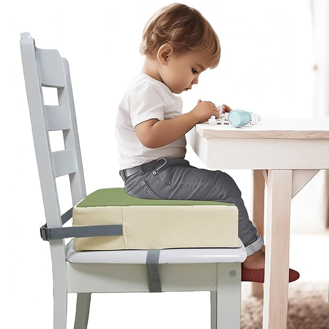 Toddler Booster Seat Dining Table Kitchen Chair, Waterproof Anti-Scratch PU Cushion, Non-Slip Bottom, Adjustable Buckle Straps, Easy Clean Portable Seat Cushion (Green)