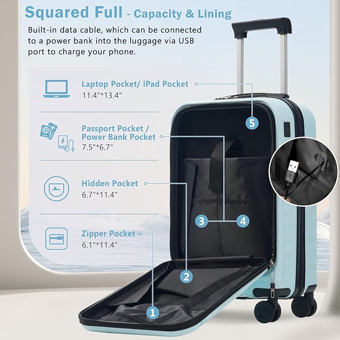 Merax Luggage Sets 3 Piece,Front Open Hardshell Expandable Suitcase with Spinner Wheels and Duffel Bags,Lightweight Carry on Luggage with USB Port,20/24IN,Light Blue