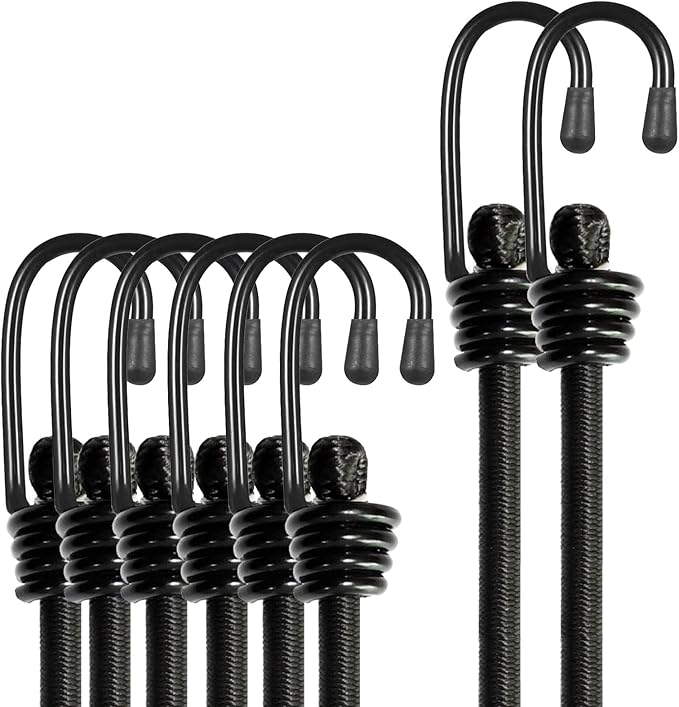 BEXSLE Bungee Cords with Hooks, Heavy Duty Outdoor Elastic Bungee Straps，No Odour Industrial Grade Bungee Rope for Securing Tarps, Luggage,Tents, Bikes or Garden Tidying 24in6pcs + 48in2pcs (Black)
