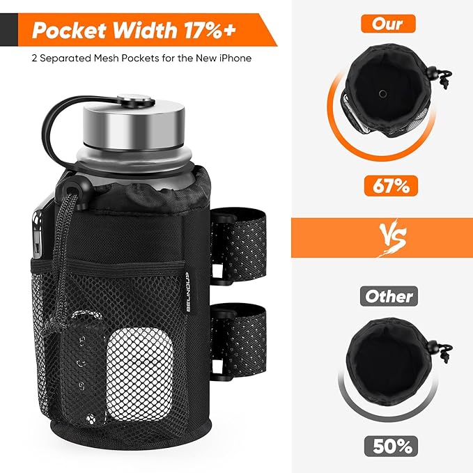 Belinous Scooter Cup Holder for 8-32oz Bottles, Wheelchair Walker Water Bottle Holder for UTV Roll Bar Bike e-Bike Golf Cart and Boat, Drink Holder with Net Pockets and Hook and Loop Straps