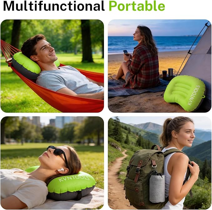 Camping Pillow-Compressible, Ultralight Inflatable,Compact, Comfortable, Ergonomic Inflating Pillows for Neck & Lumbar Support While Camp, Hiking(Green,with Anti Slip Straps)
