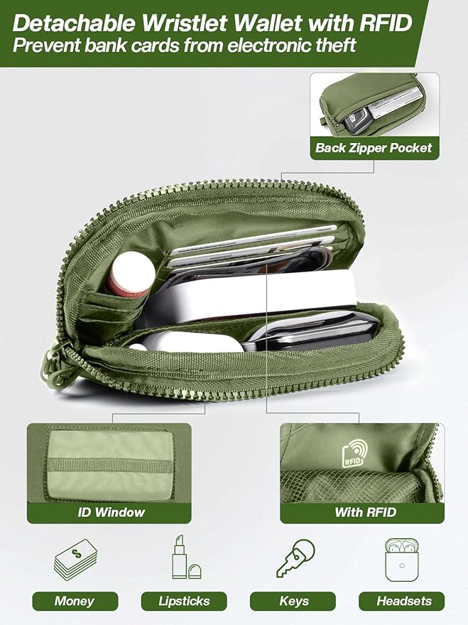 Tiostep Clip and Go Strap for Phone with Wallet Crossbody Phone Lanyard Adjustable and Detachable RFID Wristlet Wallet with ID Window and Zipper, Green