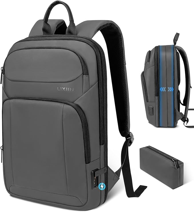 Backpack for Men Slim & Expandable Travel Laptop Backpack with USB Charging Port Water Resistant Anti-Theft Business Backpack Fits 17.3In Laptop for Commute Work College with Small Bag (Simple Gray)