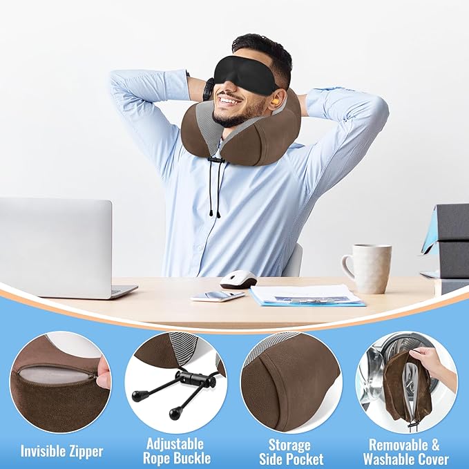CloudBliss Travel Pillow Premium Memory Foam, Comfortable & Supportive Neck Pillow, Sleeping Neck Pillows for Travel, Airplane Pillow for Sleeping Airplane, Car, Office and Home（Brown）