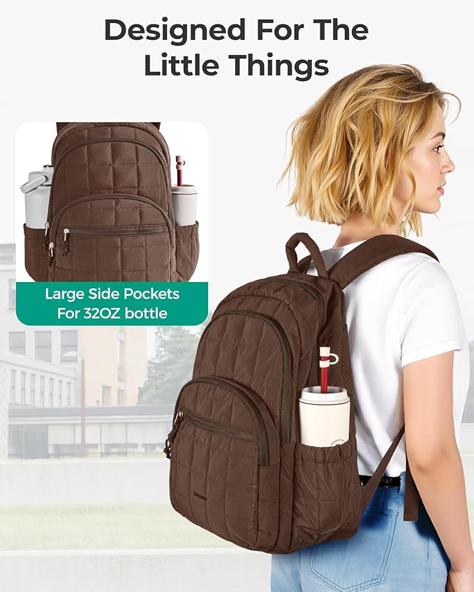BAGSMART College Laptop Backpack, Travel Backpack for Women, Quilted Casual Daypack, Water-Resistant Bookbag for 15.6 Inch Laptop, Chocolate