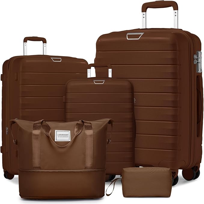 LARVENDER Luggage Sets 5 Piece with Duffel Bag Expandable(Only 28 inch) Hardside PP carry on luggage with 360° Spinner Wheels TSA Lock for Men Women, Maple