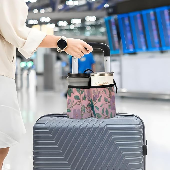 Luggage Cup Holder for Suitcases Free Hands Travel Cup Holder Portable Suitcase Cup Drink Holder Luggage Cup Caddy Bag Carrier Vintage Birds and Pink Flowers