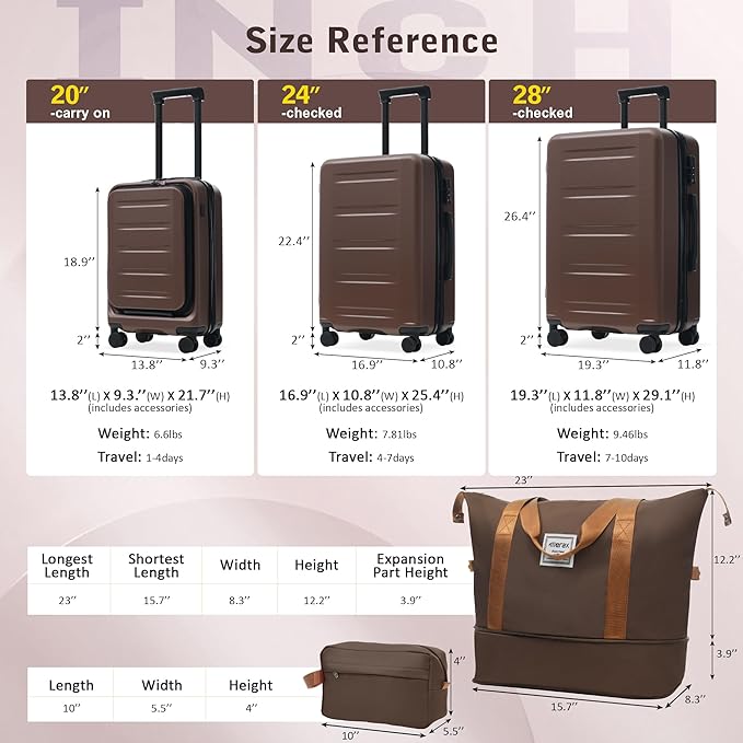 Merax Luggage Sets 5 Piece Front Open, Hardside 20" Carry On Suitcase Set with USB Port,Lightweight Expandable Travel 24" 28" Luggage with Bags TSA Locks Double Spinner Wheels,Brown